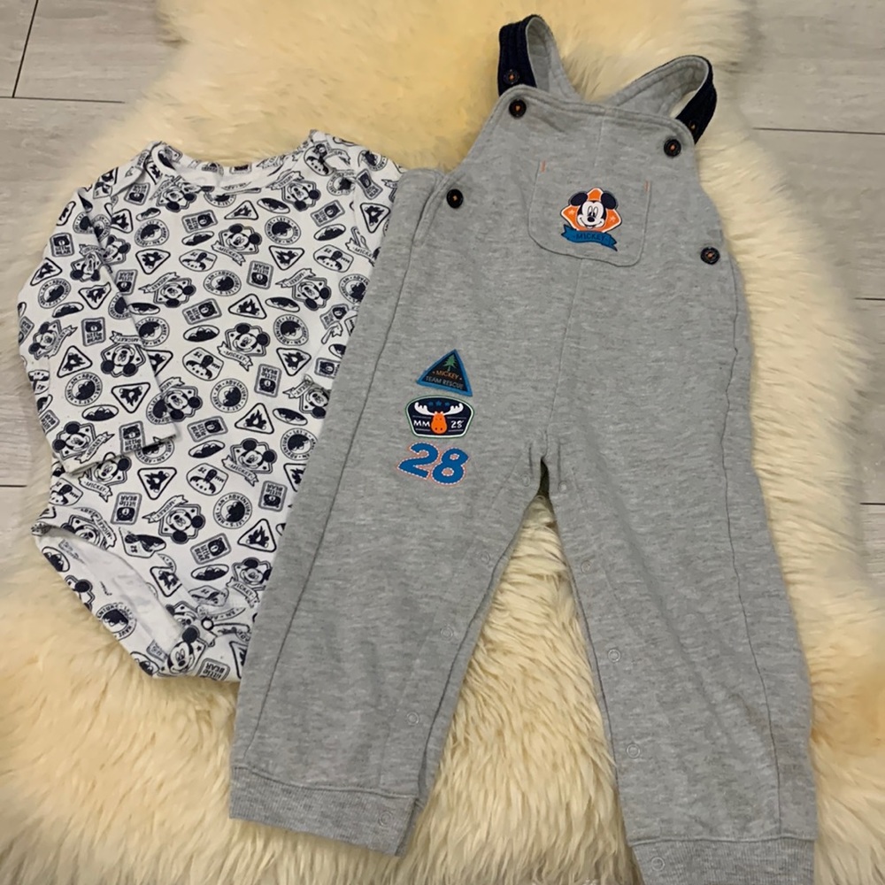 Disney Mickey Mouse Long-Sleeve Onesie with Gray Sweat pant Overalls in size 24M